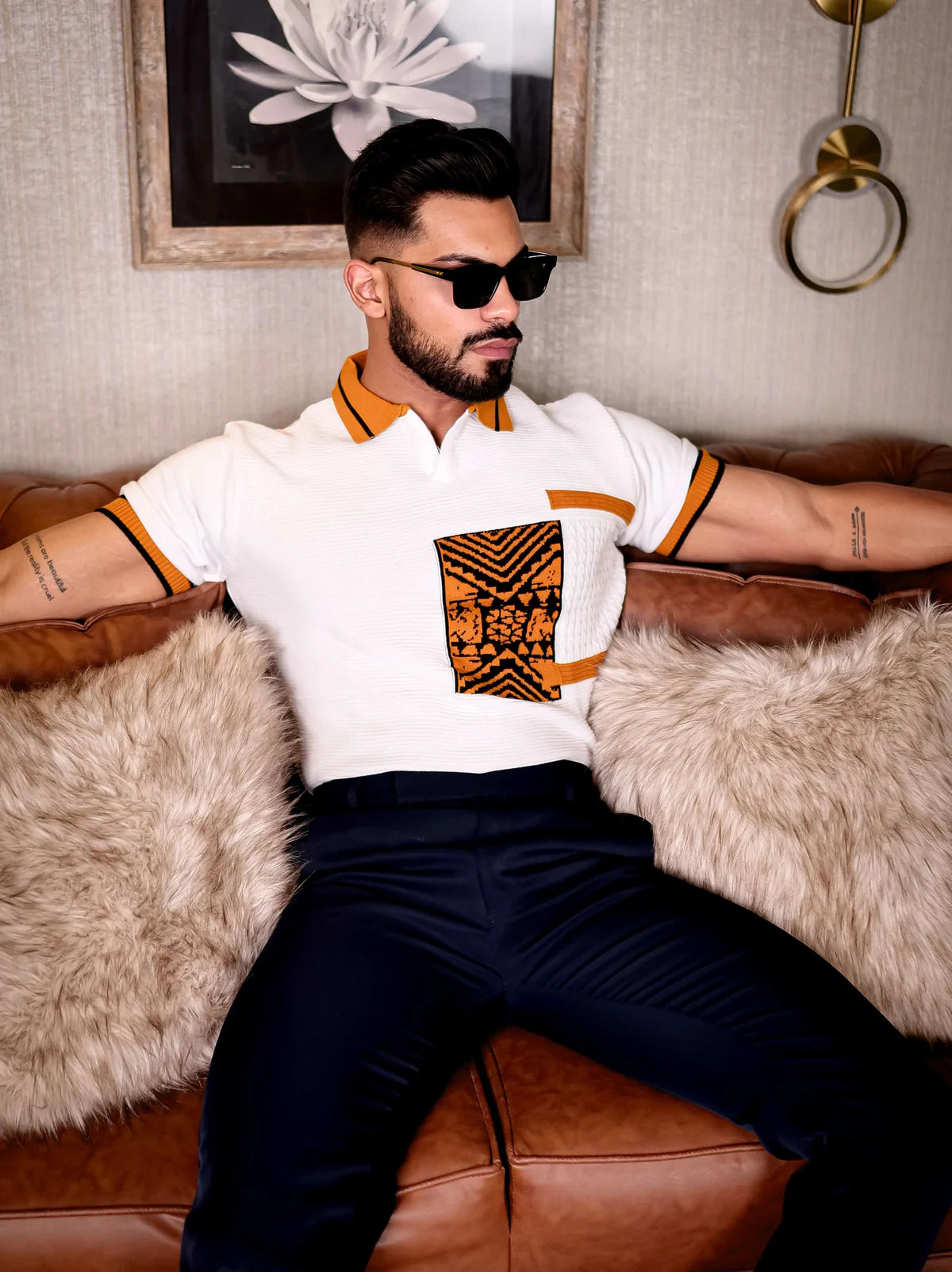 White And Orange Designer Cotton Half Sleeve Premium T-Shirt