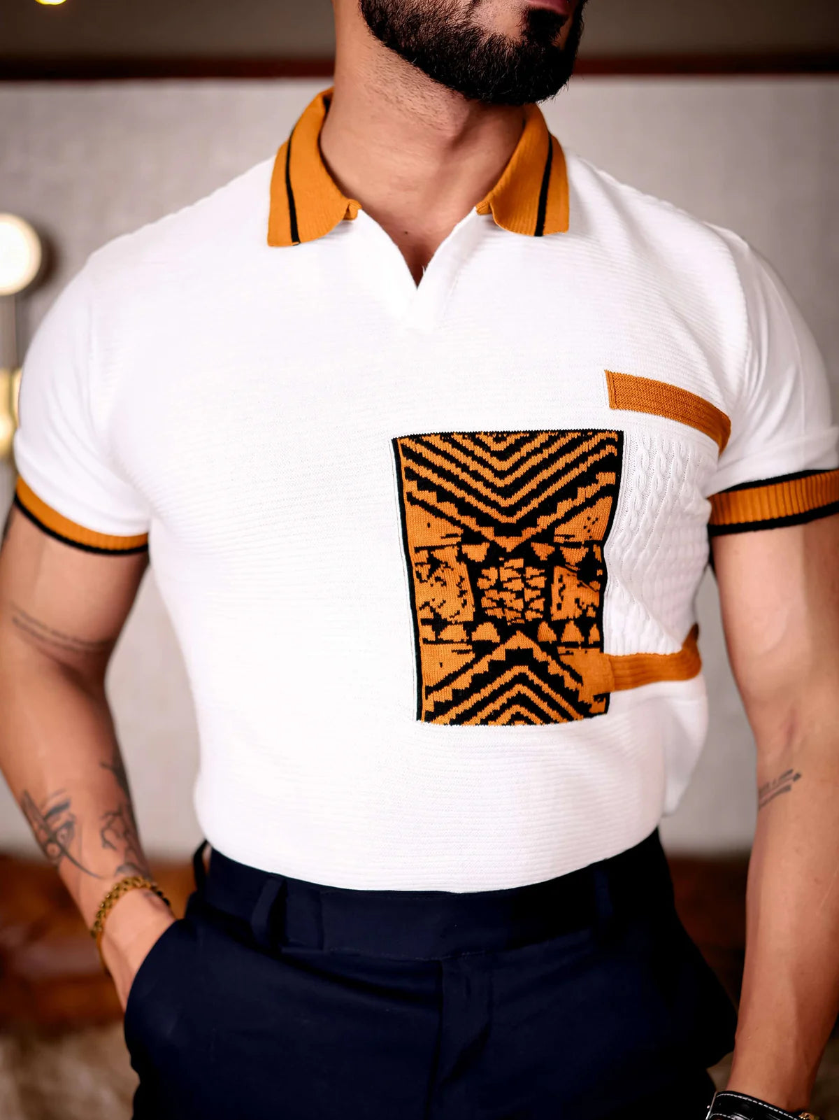 White And Orange Designer Cotton Half Sleeve Premium T-Shirt