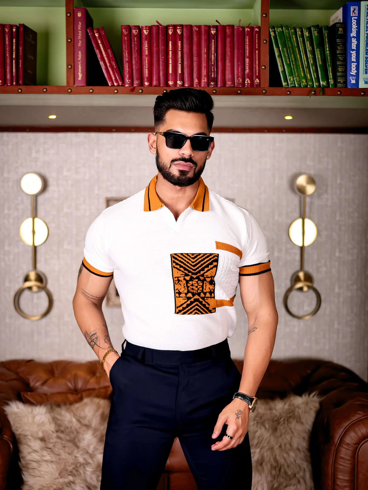 White And Orange Designer Cotton Half Sleeve Premium T-Shirt