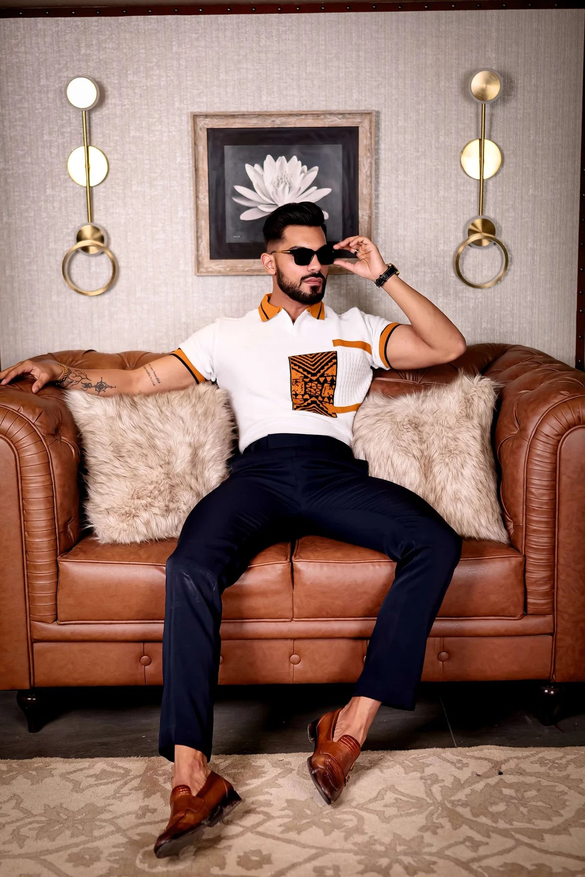 White And Orange Designer Cotton Half Sleeve Premium T-Shirt