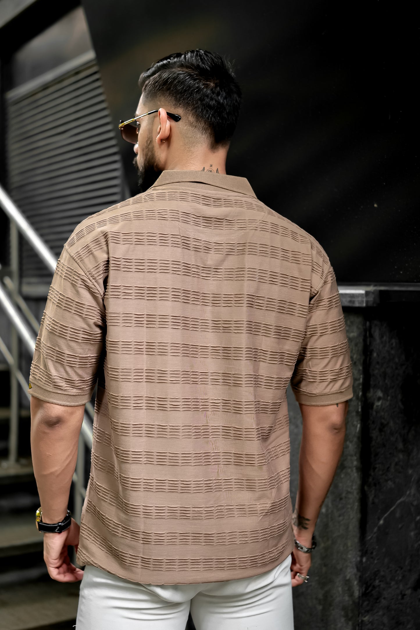 Ribbed Beige Half Sleeve T-Shirt