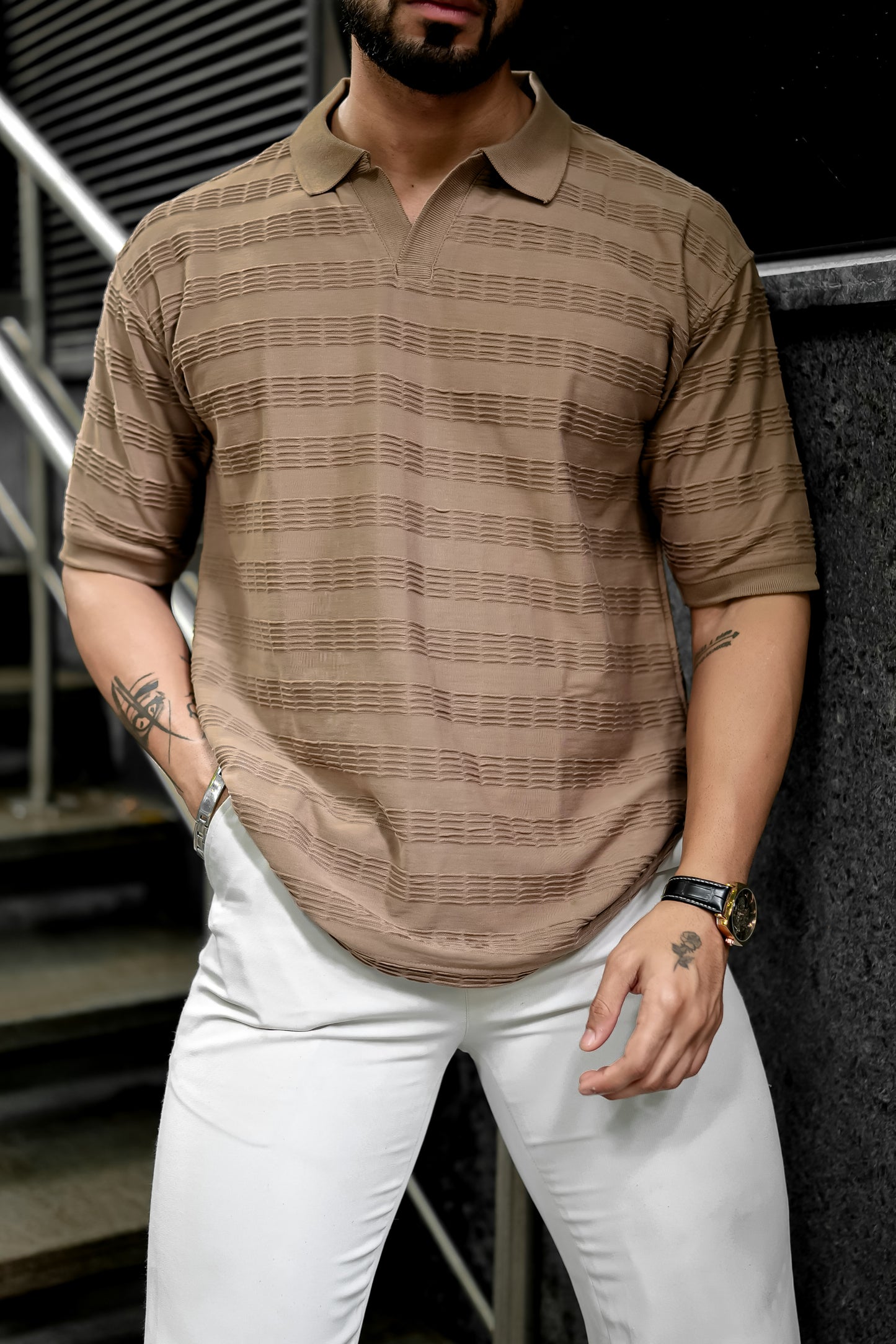 Ribbed Beige Half Sleeve T-Shirt