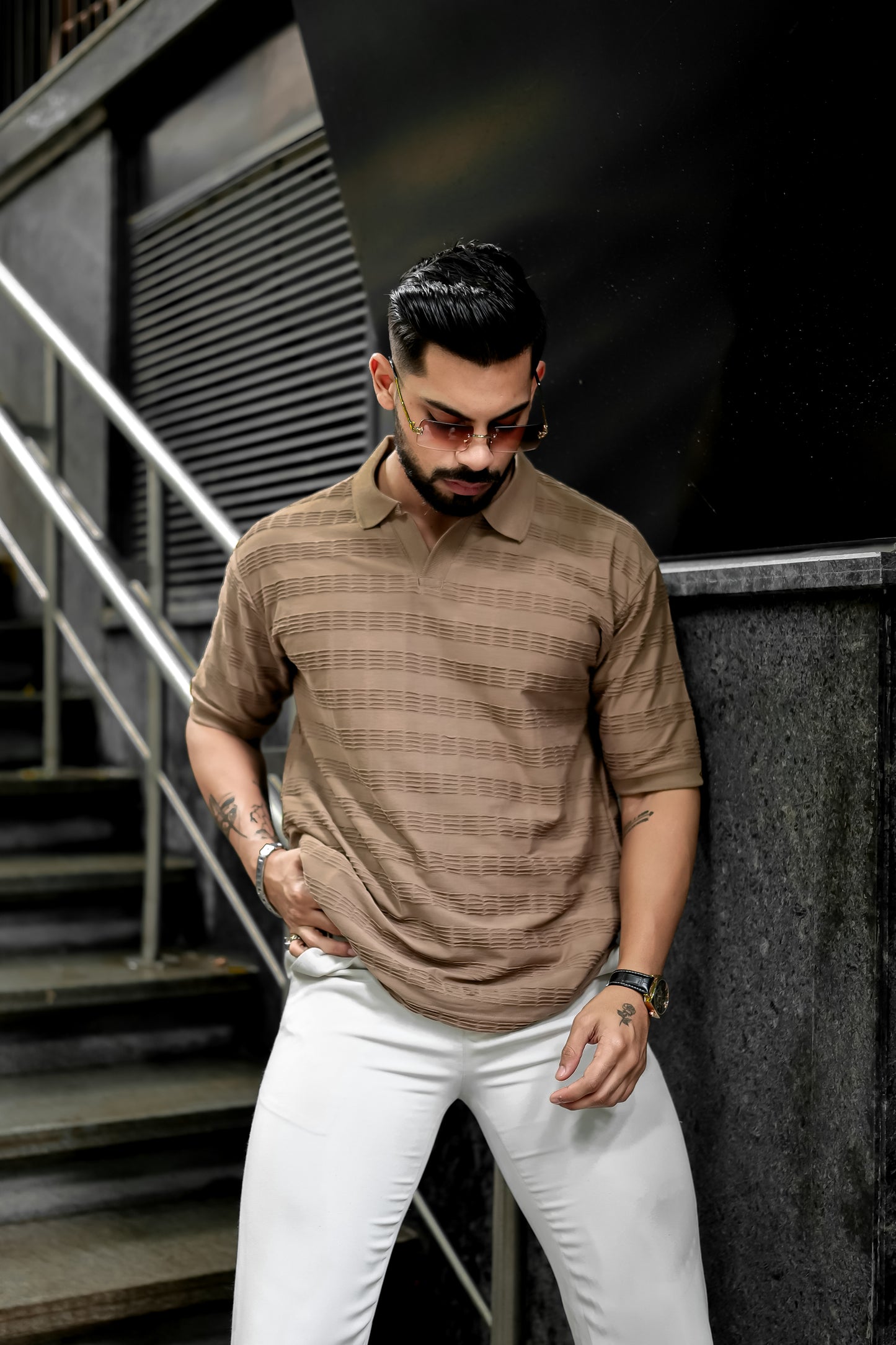 Ribbed Beige Half Sleeve T-Shirt