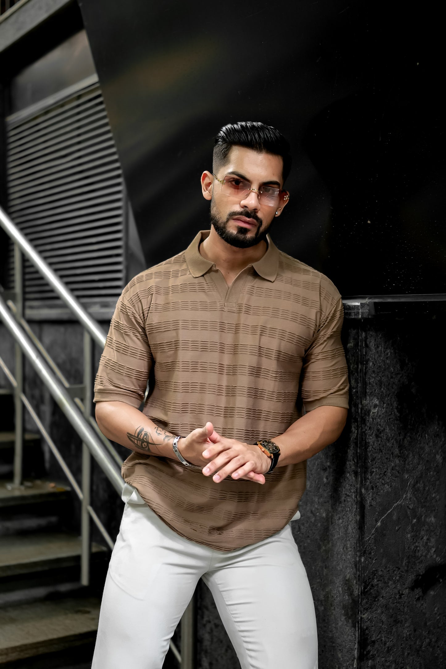 Ribbed Beige Half Sleeve T-Shirt