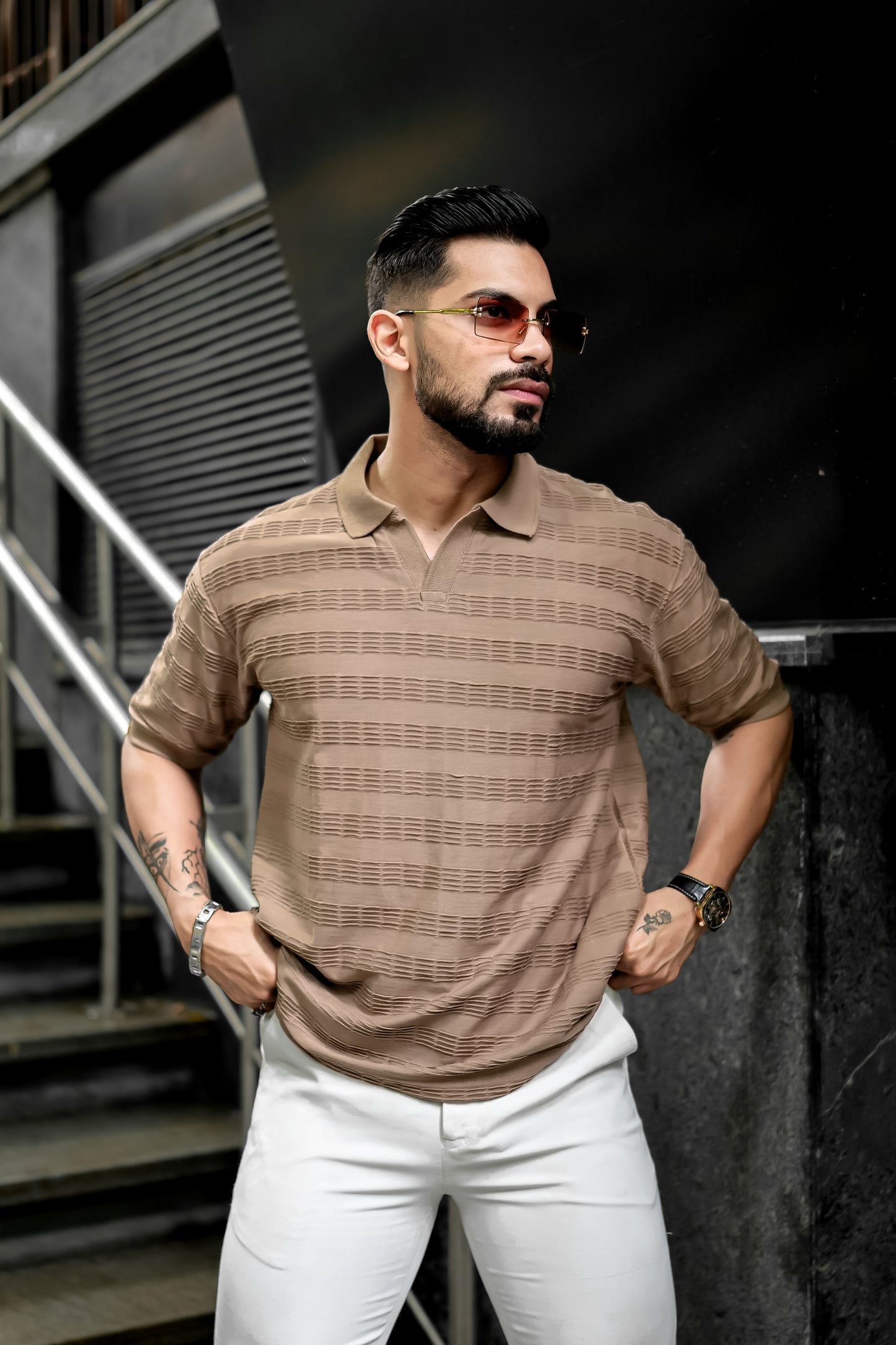 Ribbed Beige Half Sleeve T-Shirt