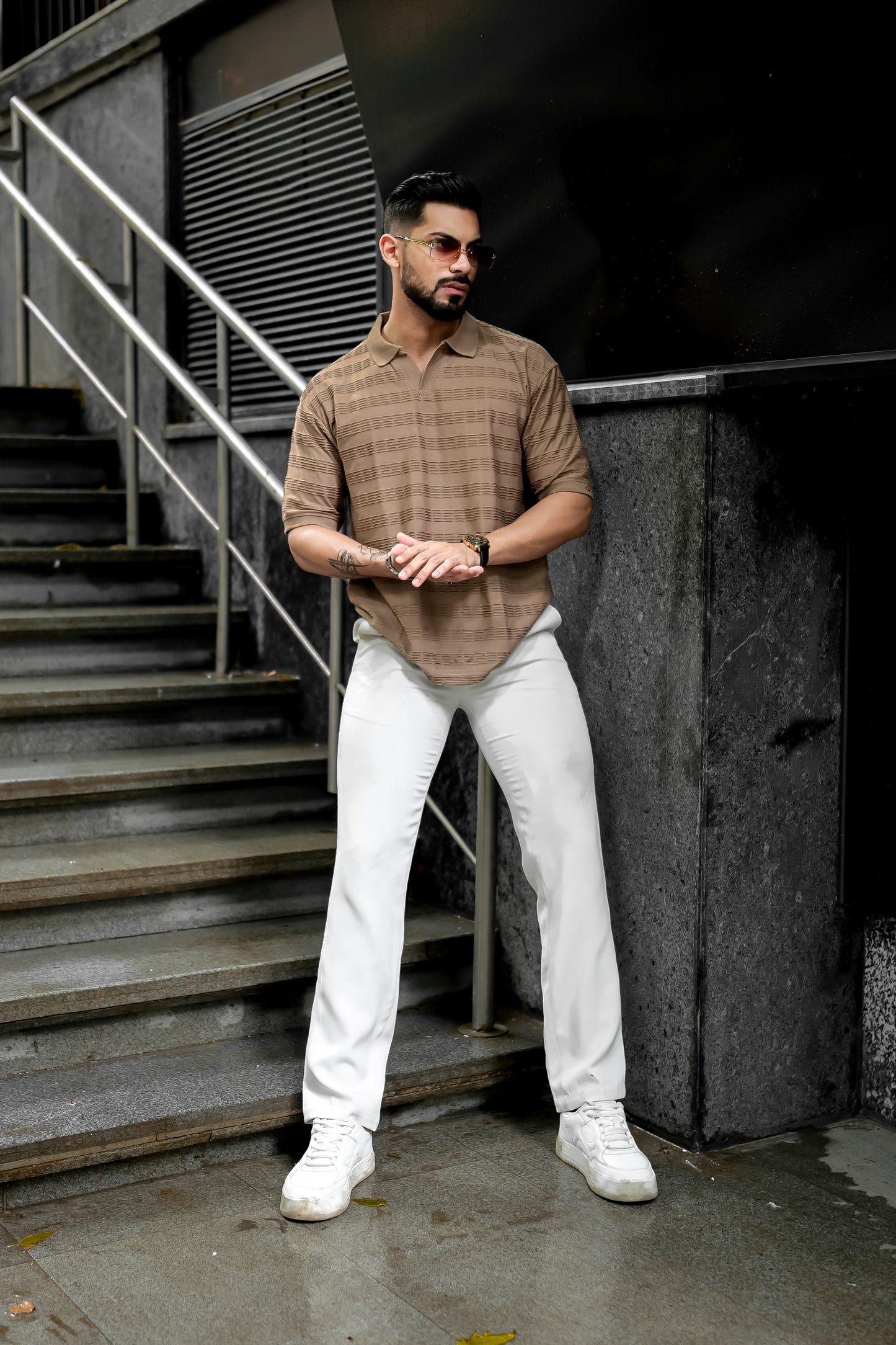 Ribbed Beige Half Sleeve T-Shirt