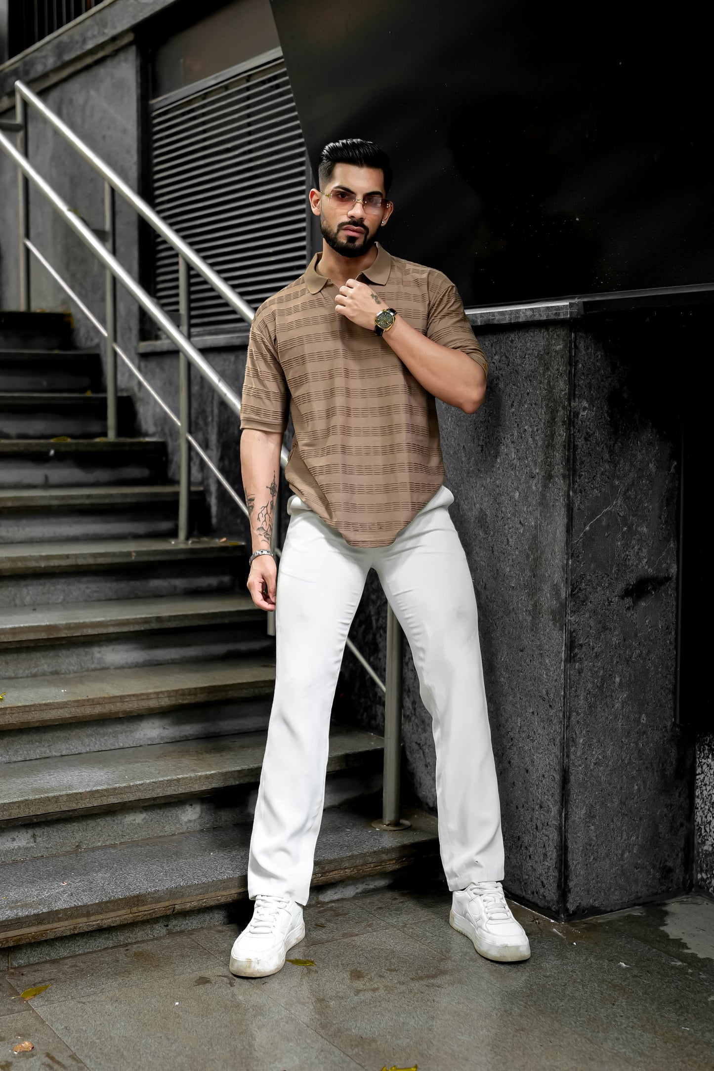 Ribbed Beige Half Sleeve T-Shirt