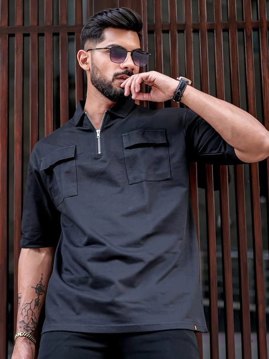 Double Pocket Black Polo Tshirt