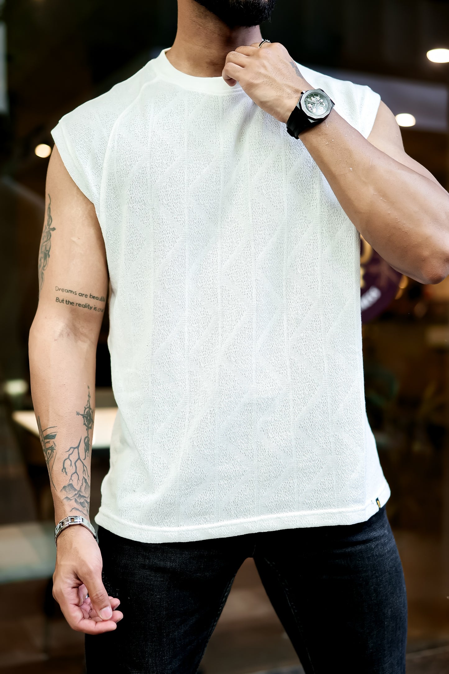 Sleeveless Off White T-shirt Vest